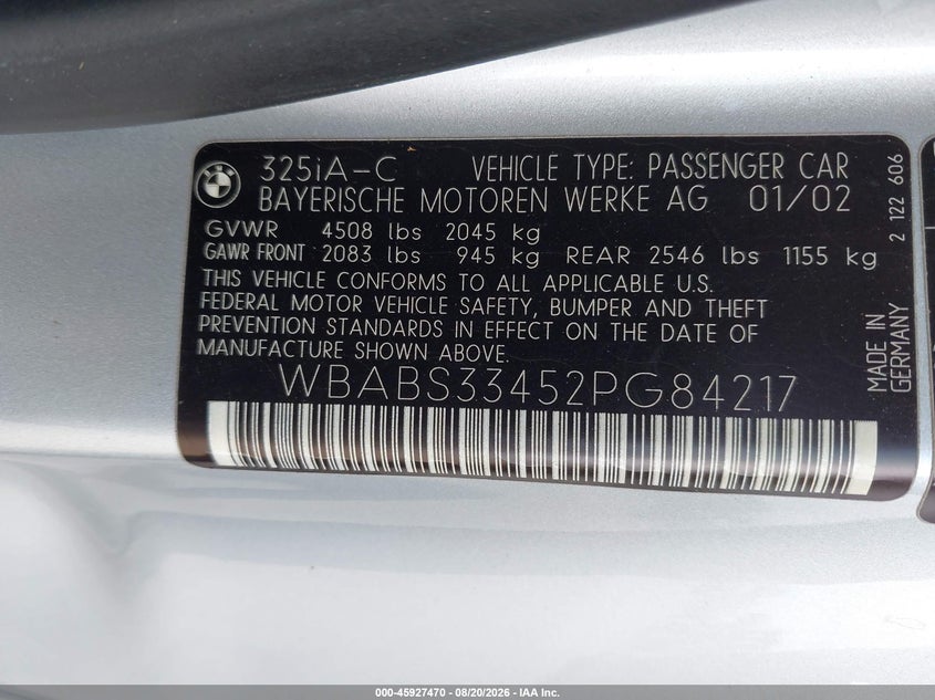 BMW 325CI 2002 VIN WBABS33452PG84217