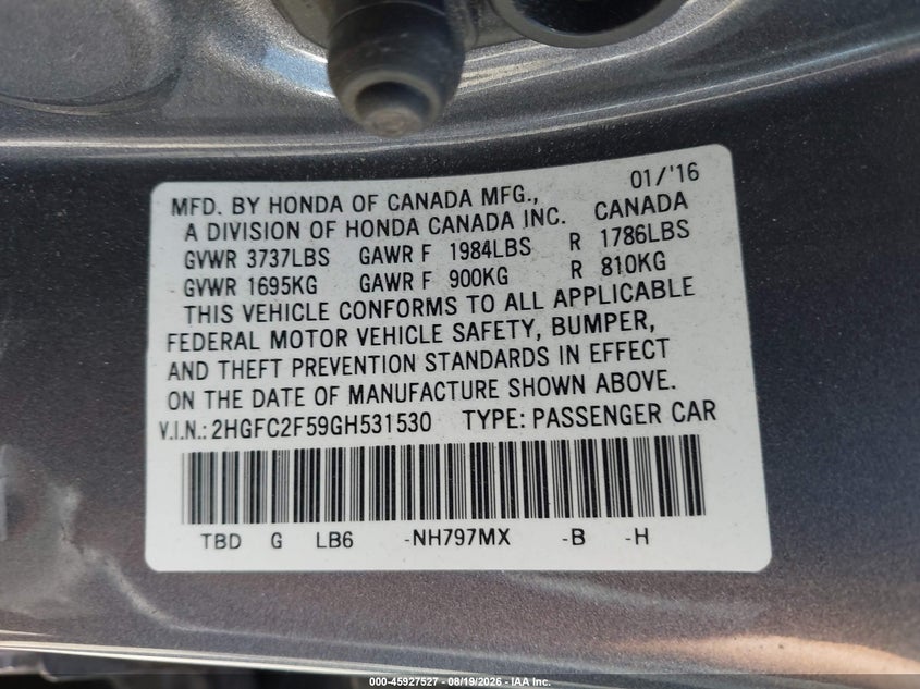 2016 HONDA CIVIC SEDAN 2.0L I-4 DOHC, VVT, 158HP
