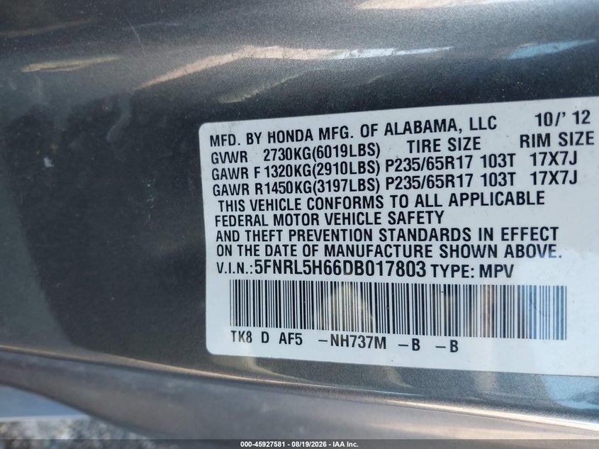 HONDA ODYSSEY 2013 VIN 5FNRL5H66DB017803