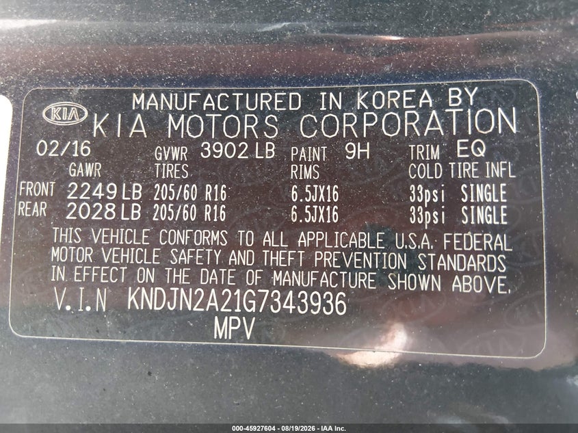 KIA SOUL 2016 VIN KNDJN2A21G7343936
