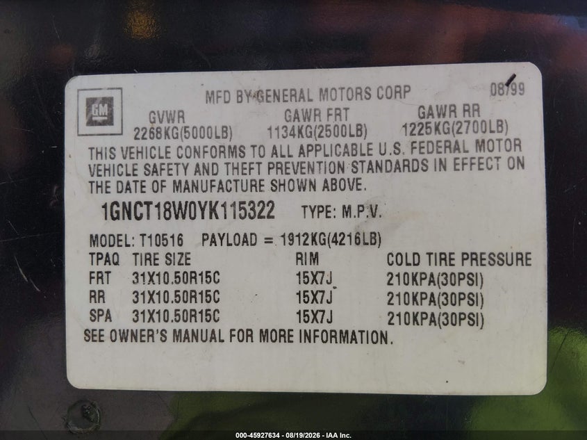 CHEVROLET BLAZER 2000 VIN 1GNCT18W0YK115322