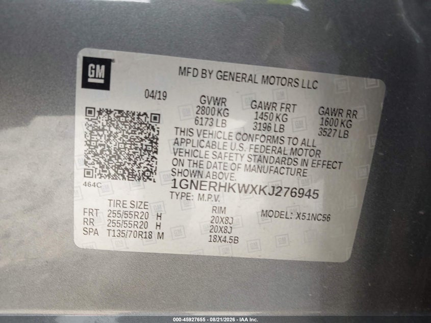 CHEVROLET TRAVERSE 2019 VIN 1GNERHKWXKJ276945