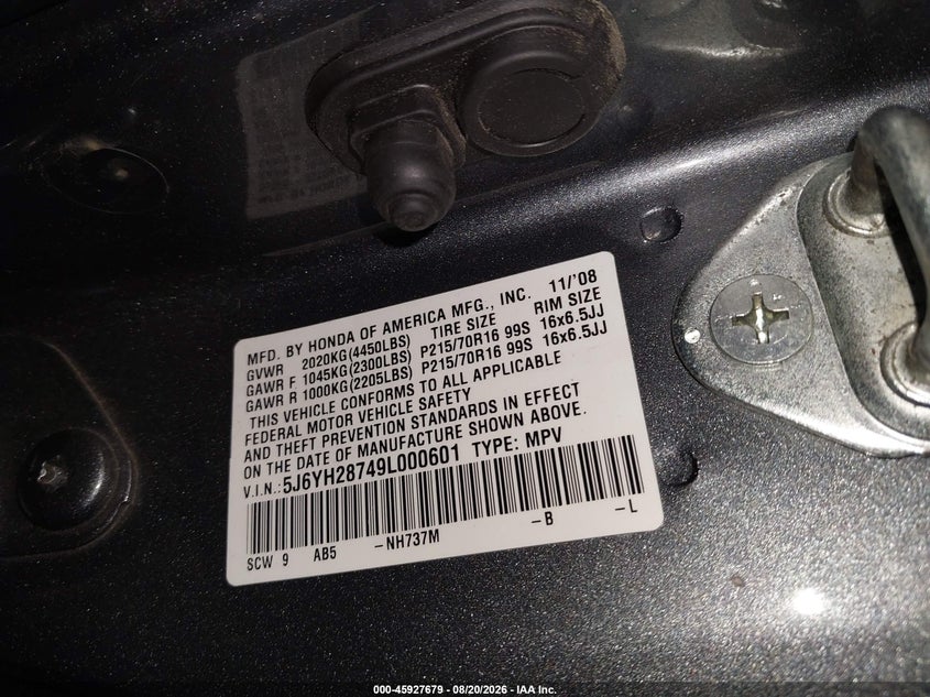 2009 HONDA ELEMENT SPORT UTILITY VEHICLE 2.4L I-4 DOHC, VVT, 166HP