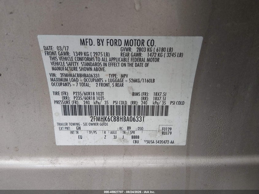 FORD FLEX 2017 VIN 2FMHK6C88HBA06331