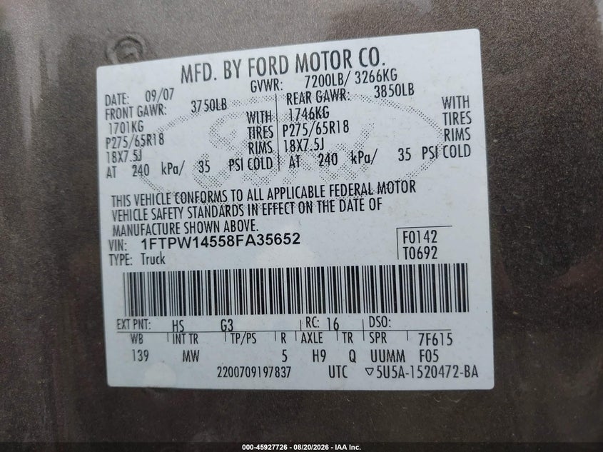 FORD F-150 2008 VIN 1FTPW14558FA35652