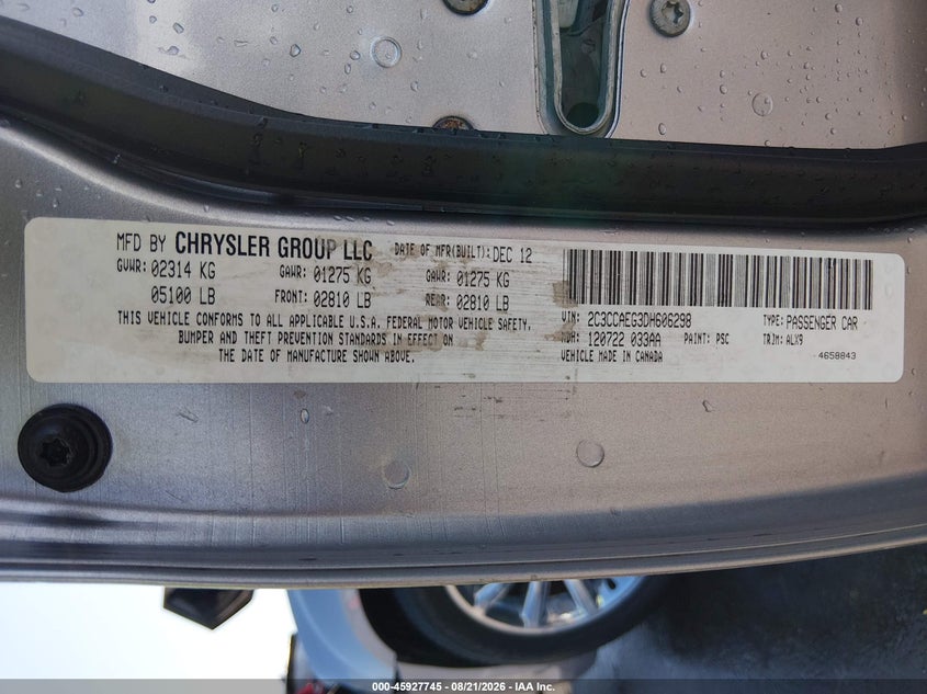 CHRYSLER 300C 2013 VIN 2C3CCAEG3DH606298