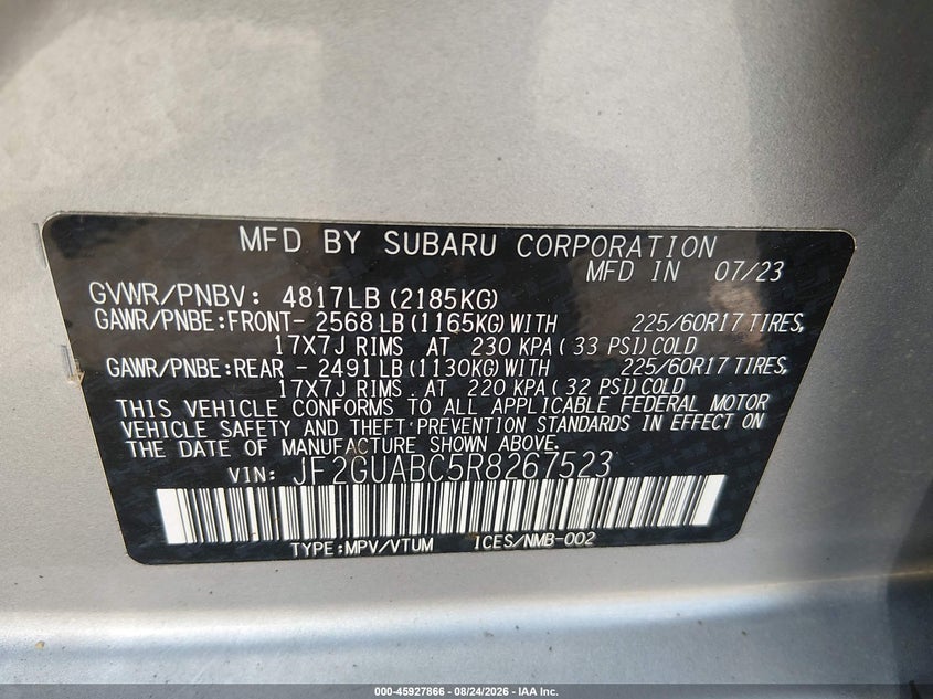 SUBARU CROSSTREK 2024 VIN JF2GUABC5R8267523