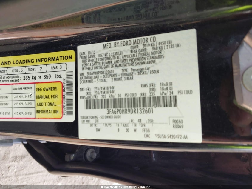 FORD FUSION 2013 VIN 3FA6P0HR9DR132601
