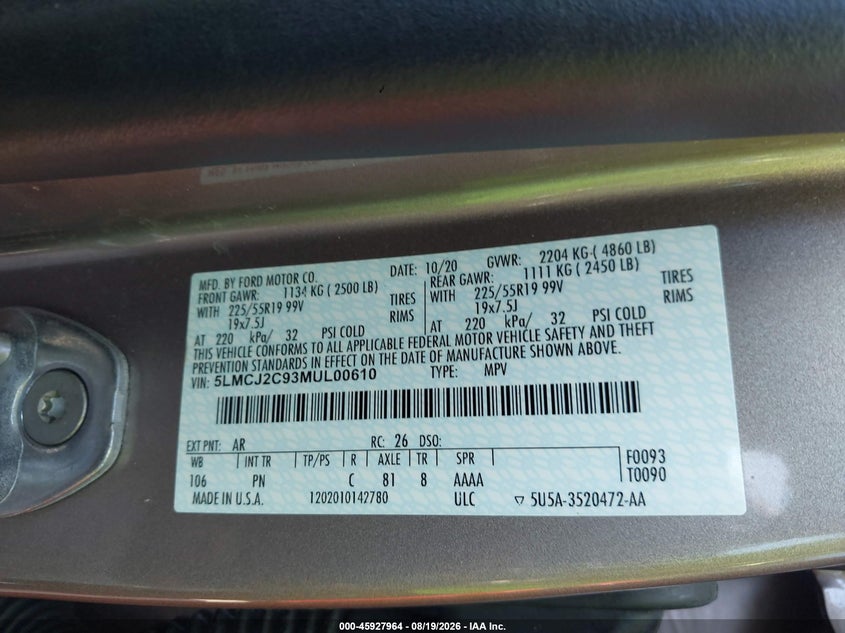 LINCOLN CORSAIR 2021 VIN 5LMCJ2C93MUL00610
