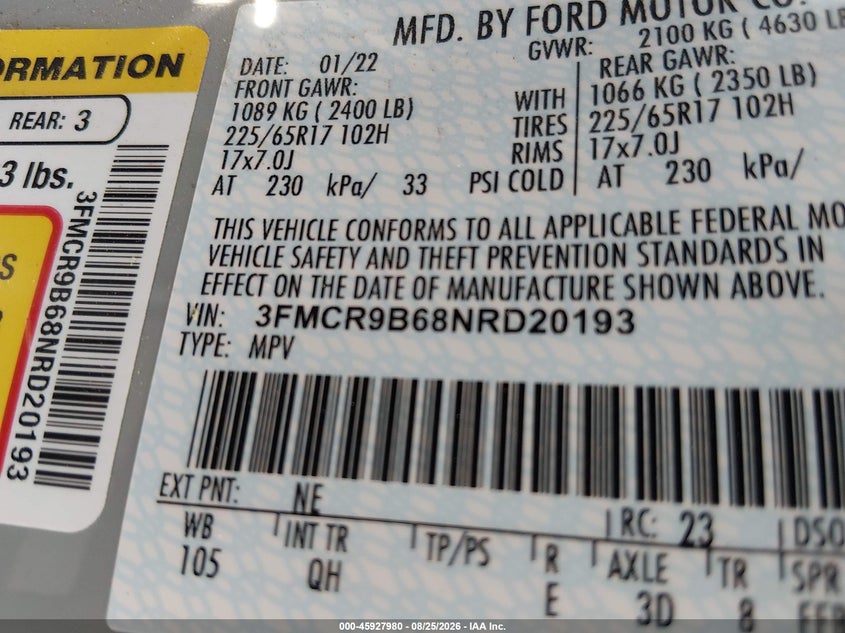 FORD BRONCO SPORT 2022 VIN 3FMCR9B68NRD20193