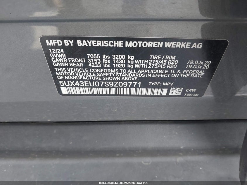 BMW X5 PHEV 2025 VIN 5UX43EU07S9Z09771