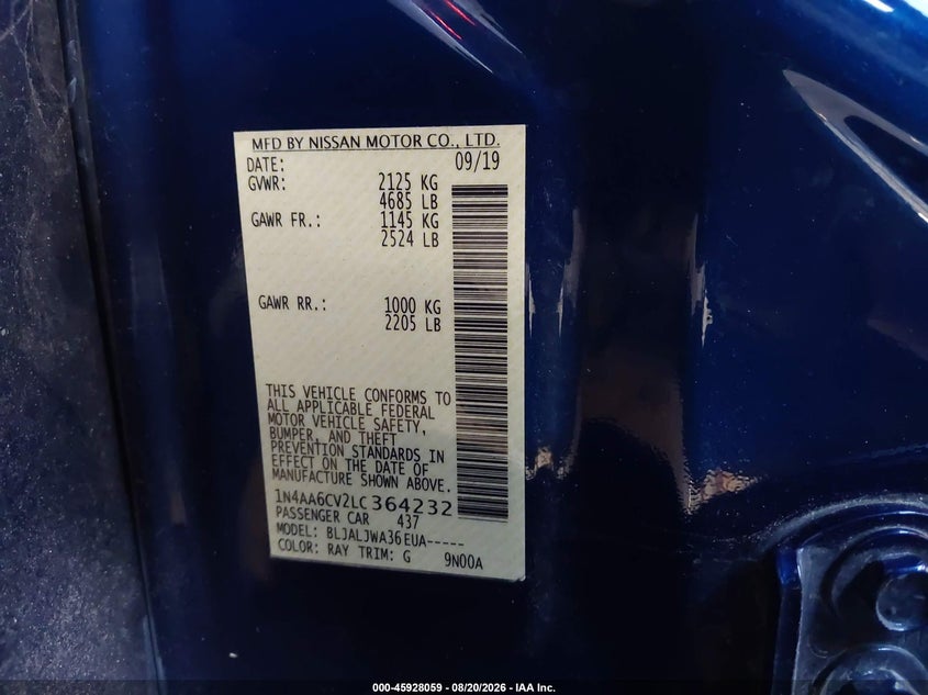 NISSAN MAXIMA 2020 VIN 1N4AA6CV2LC364232