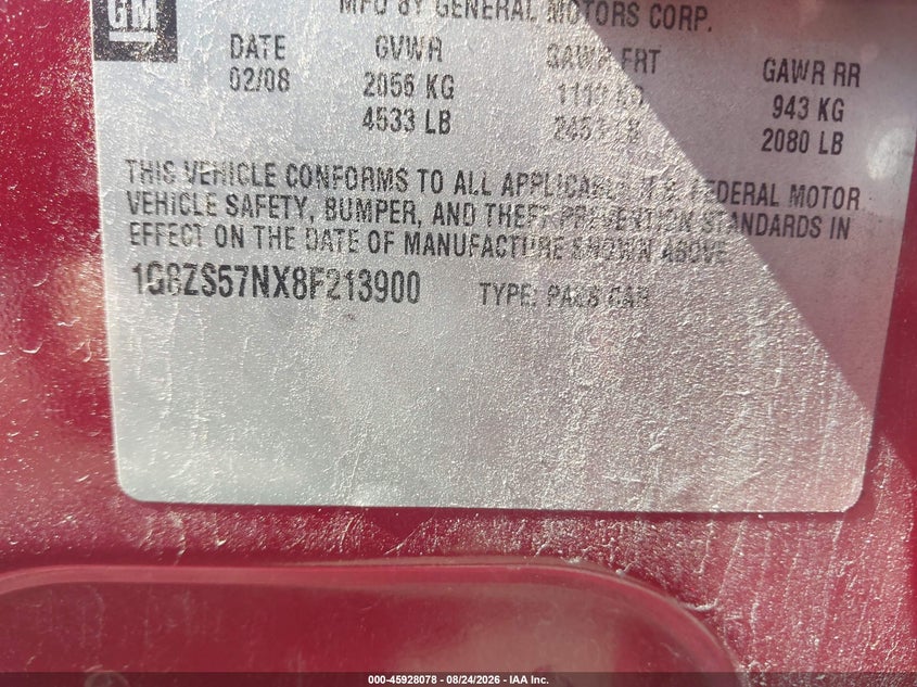 SATURN AURA 2008 VIN 1G8ZS57NX8F213900