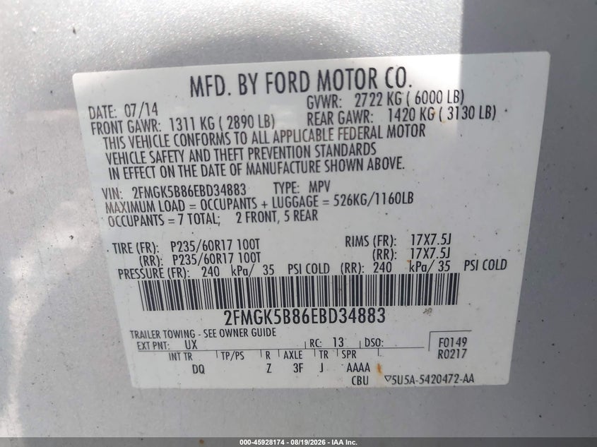 FORD FLEX 2014 VIN 2FMGK5B86EBD34883