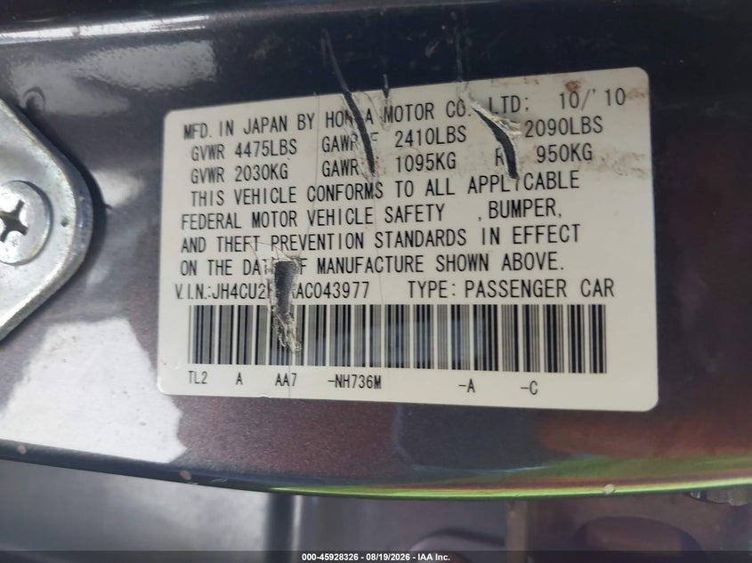 ACURA TSX 2010 VIN JH4CU2F6XAC043977