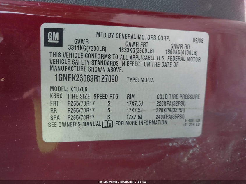 CHEVROLET TAHOE 2009 VIN 1GNFK23089R127090