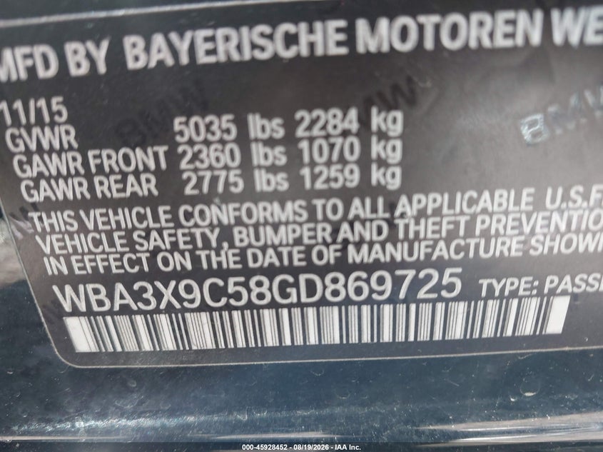 BMW 335I GRAN TURISMO 2016 VIN WBA3X9C58GD869725