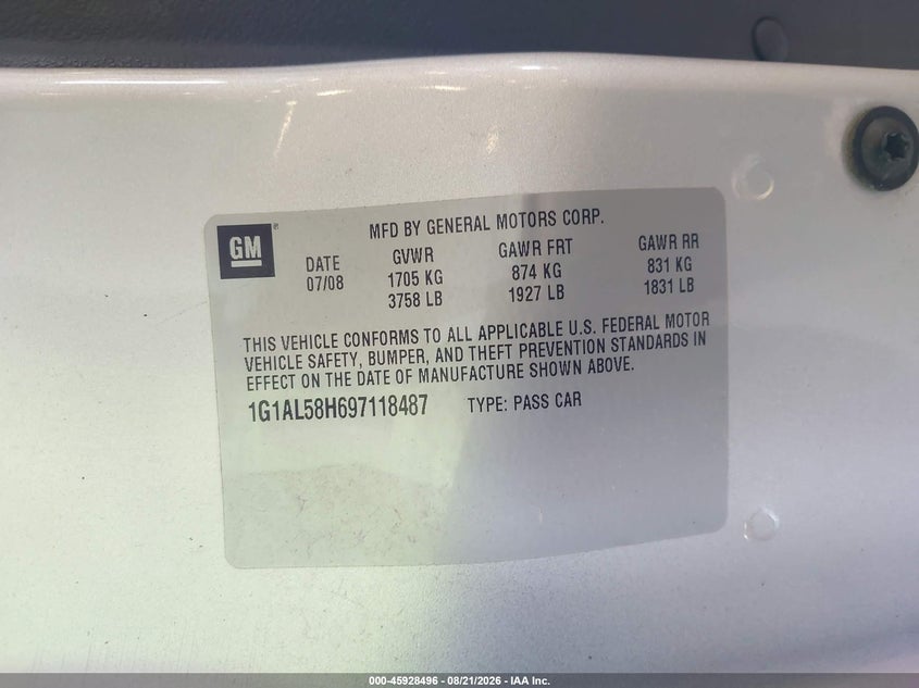 CHEVROLET COBALT 2009 VIN 1G1AL58H697118487