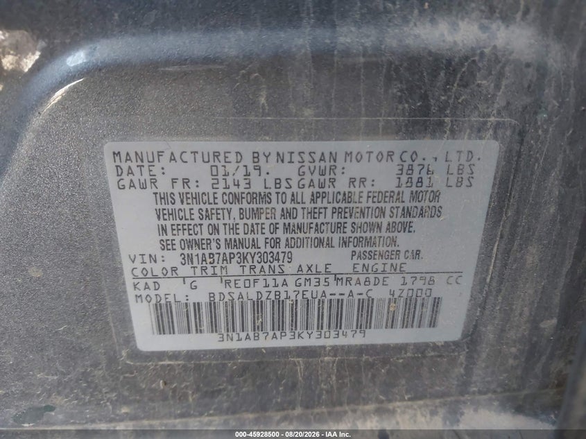 NISSAN SENTRA 2019 VIN 3N1AB7AP3KY303479