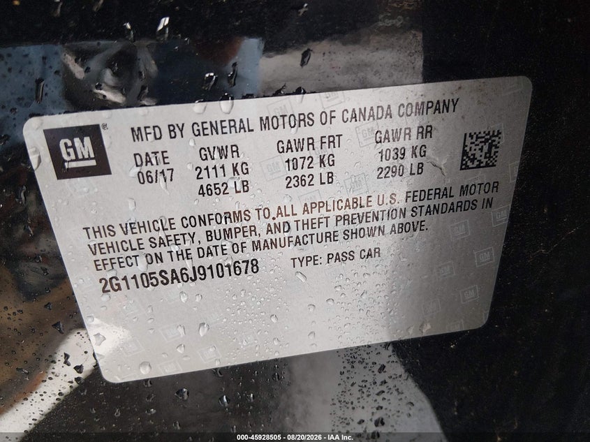 CHEVROLET IMPALA 2018 VIN 2G1105SA6J9101678