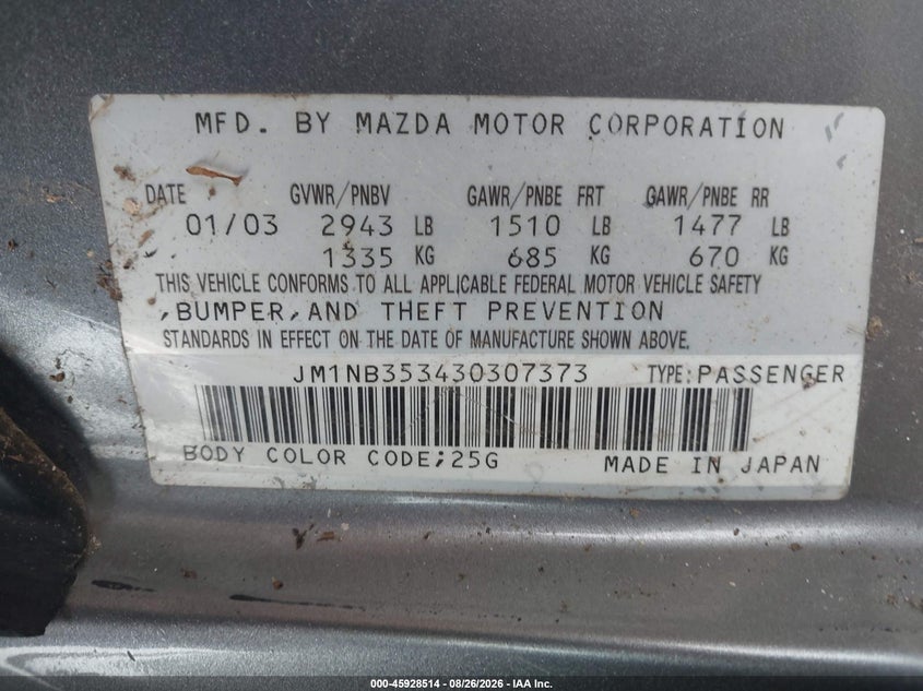 MAZDA MX-5 MIATA 2003 VIN JM1NB353430307373