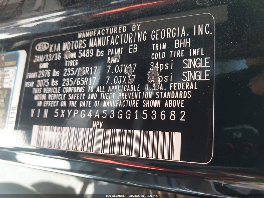 KIA SORENTO 2016 VIN 5XYPG4A53GG153682