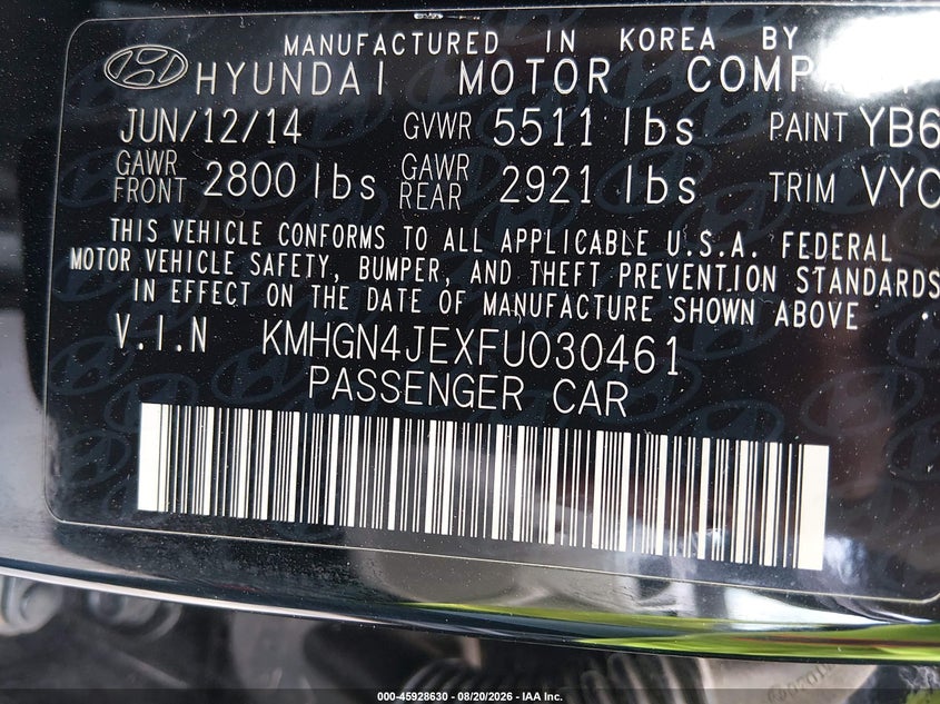 HYUNDAI GENESIS 2015 VIN KMHGN4JEXFU030461