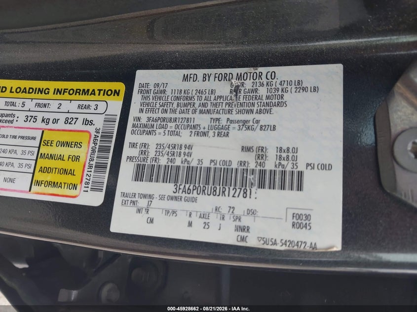 FORD FUSION HYBRID 2018 VIN 3FA6P0RU8JR127811