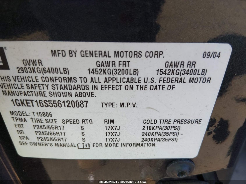GMC ENVOY XL 2005 VIN 1GKET16S556120087
