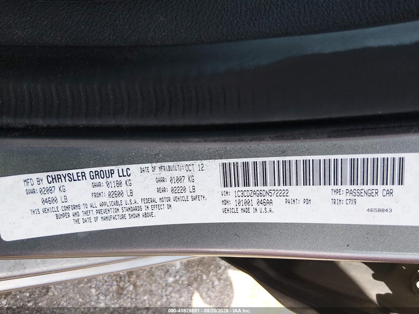 DODGE AVENGER 2013 VIN 1C3CDZAG6DN572222