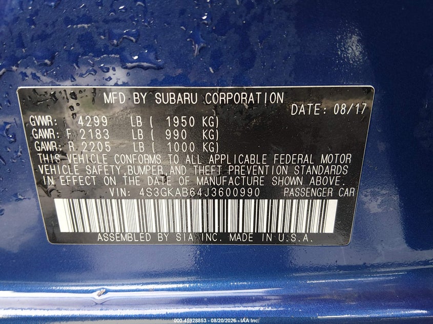 SUBARU IMPREZA 2018 VIN 4S3GKAB64J3600990