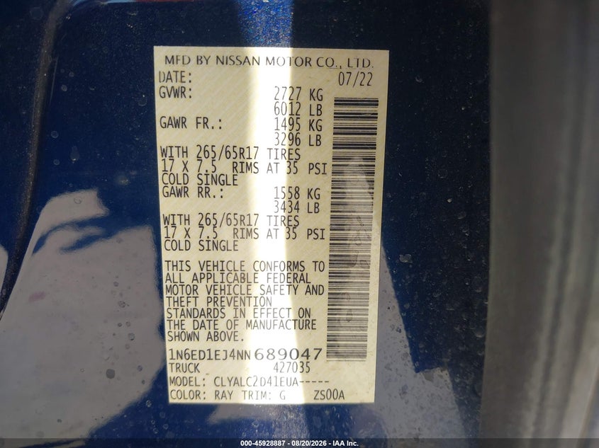 NISSAN FRONTIER 2022 VIN 1N6ED1EJ4NN689047