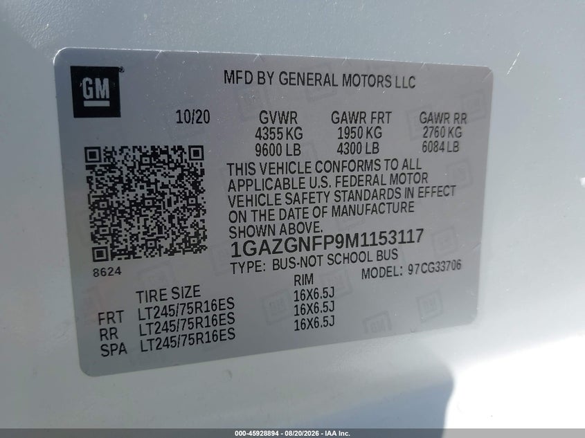 CHEVROLET EXPRESS PASSENGER 2021 VIN 1GAZGNFP9M1153117