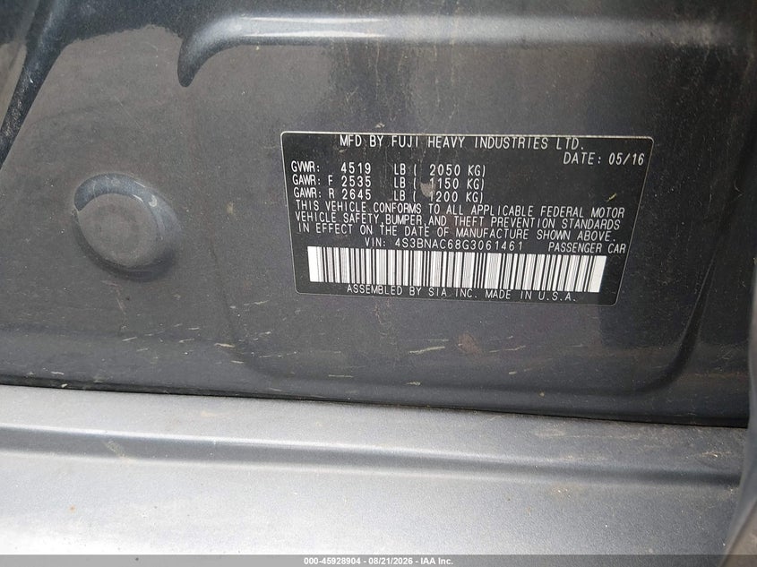 SUBARU LEGACY 2016 VIN 4S3BNAC68G3061461