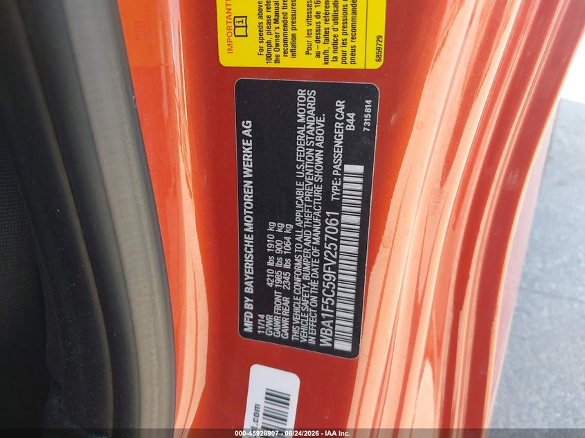 BMW 228 2015 VIN WBA1F5C59FV257061