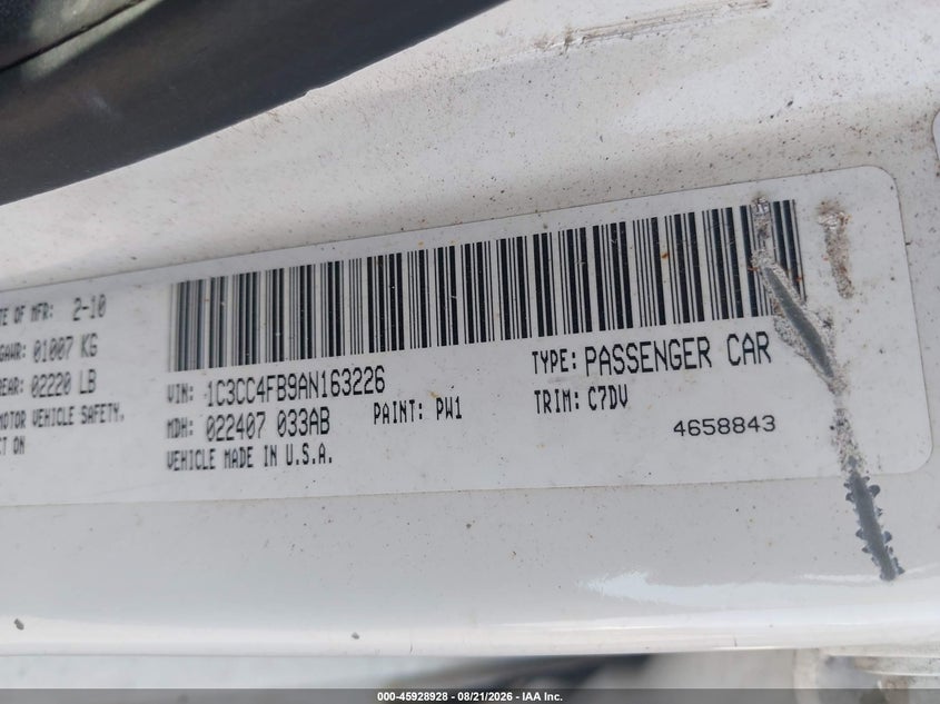 CHRYSLER SEBRING 2010 VIN 1C3CC4FB9AN163226