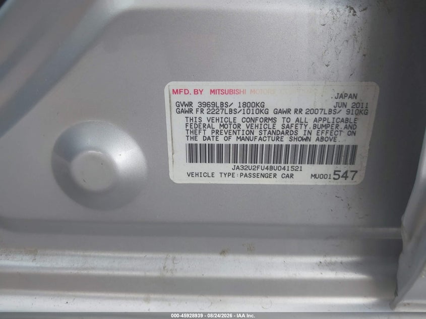 MITSUBISHI LANCER 2011 VIN JA32U2FU4BU041521
