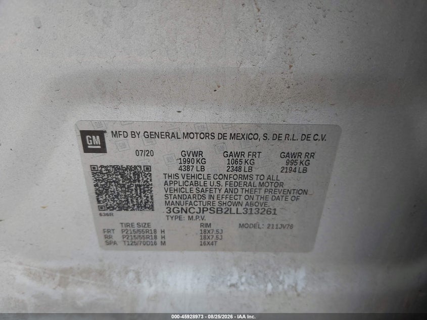 CHEVROLET TRAX 2020 VIN 3GNCJPSB2LL313261