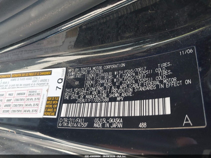 TOYOTA FJ CRUISER 2007 VIN JTEBU11F170057688