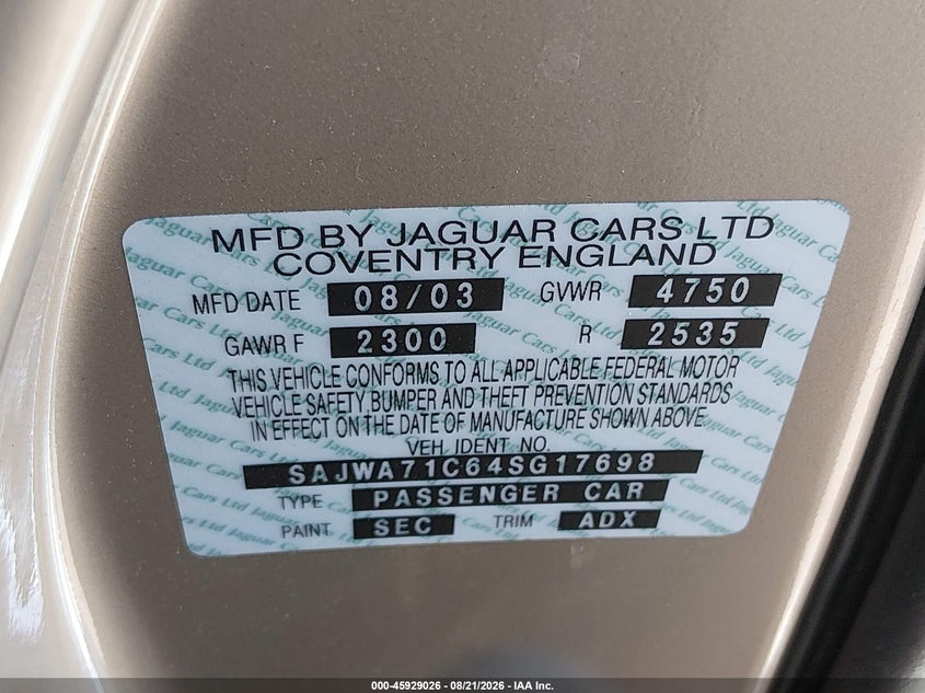 2004 JAGUAR XJ SEDAN 4.2L V-8 DOHC, VVT, 294HP