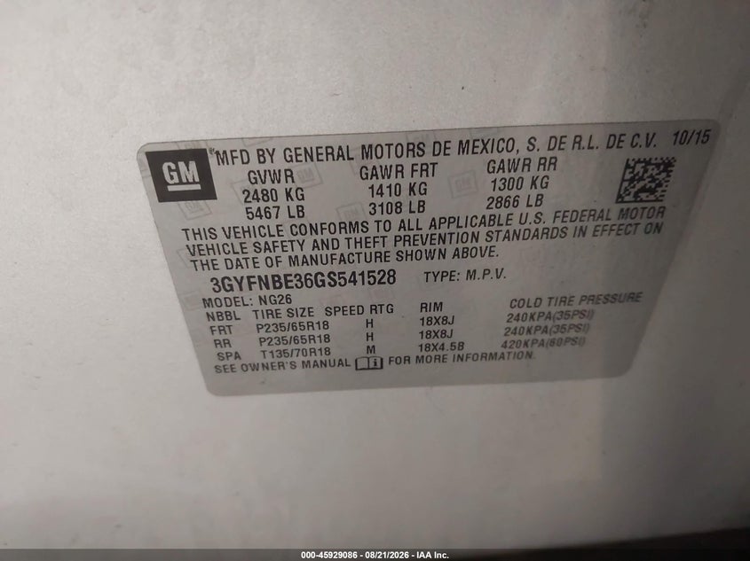 CADILLAC SRX 2016 VIN 3GYFNBE36GS541528