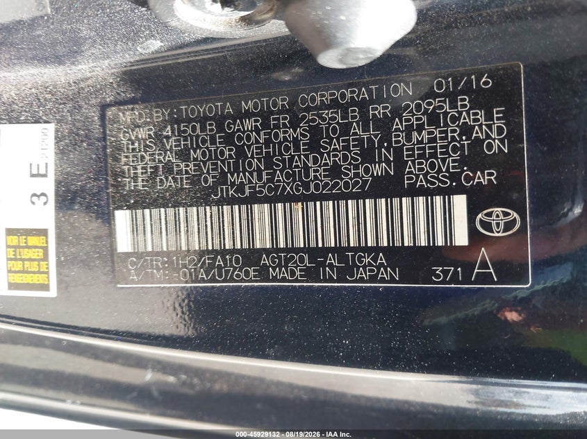SCION TC 2016 VIN JTKJF5C7XGJ022027