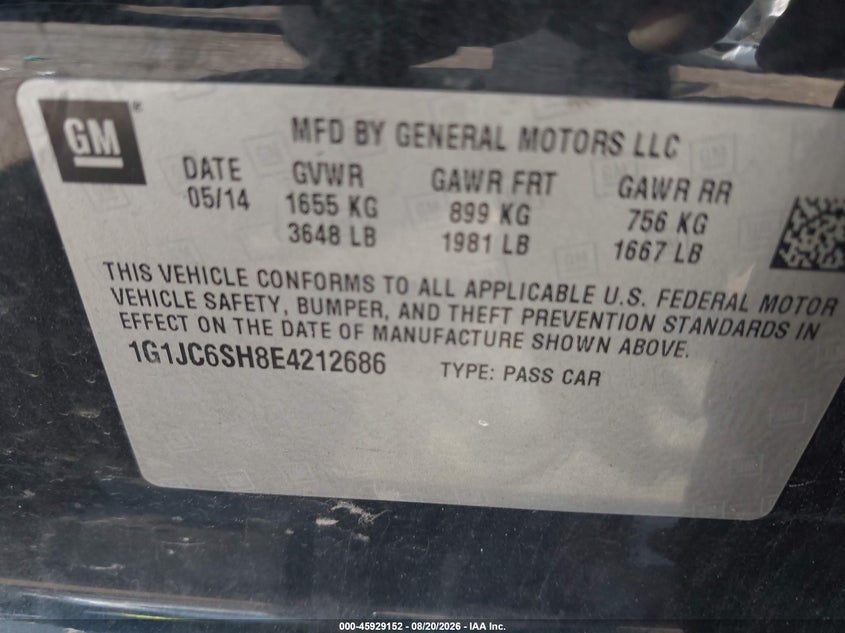CHEVROLET SONIC 2014 VIN 1G1JC6SH8E4212686