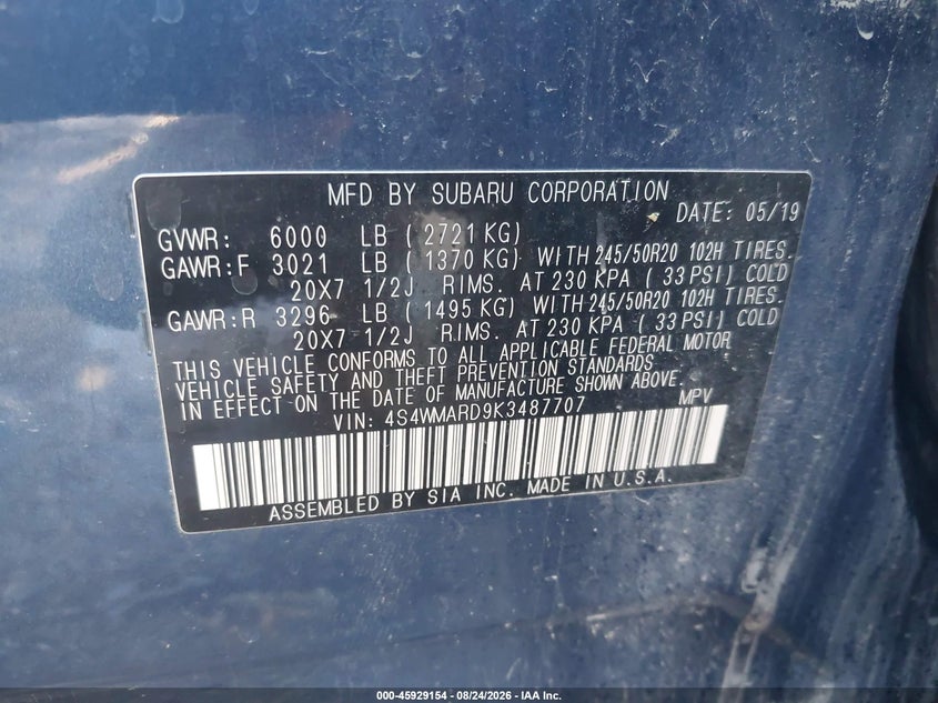 SUBARU ASCENT 2019 VIN 4S4WMARD9K3487707