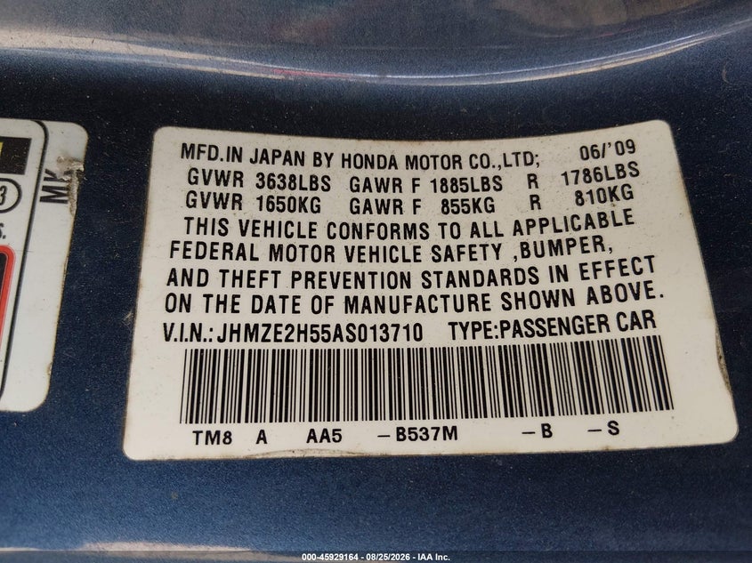 HONDA INSIGHT 2010 VIN JHMZE2H55AS013710