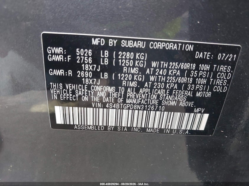 SUBARU OUTBACK 2022 VIN 4S4BTGPD8N3126710