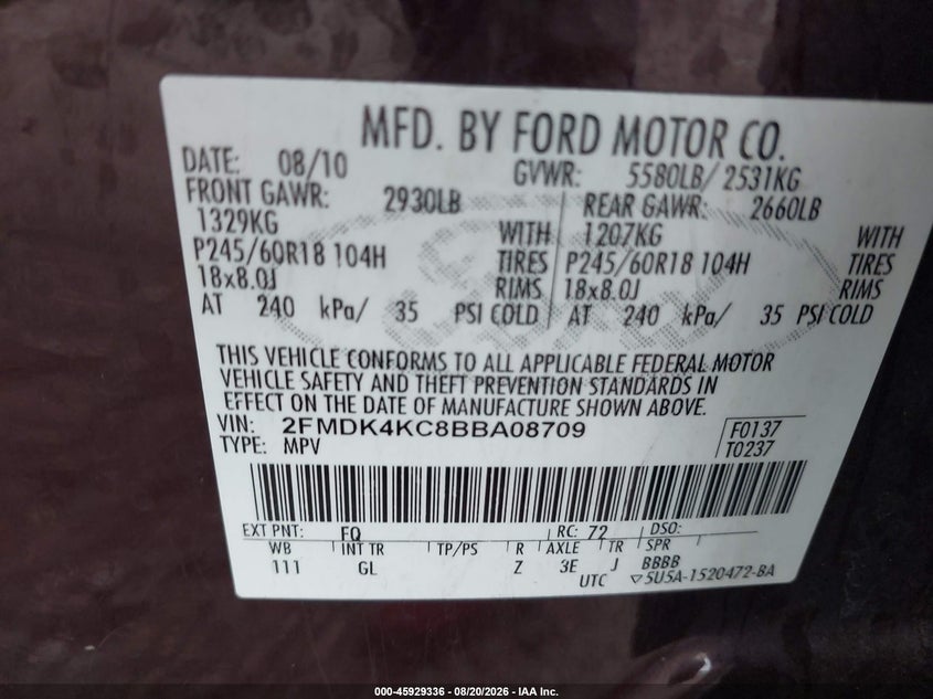 2011 FORD EDGE SPORT UTILITY VEHICLE 3.5L V-6 DOHC, VVT, 285HP
