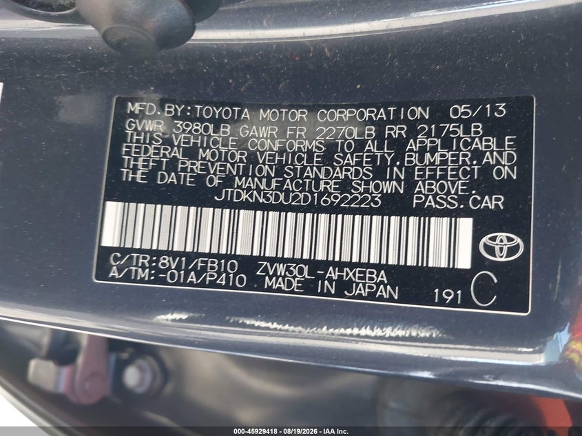 2013 TOYOTA PRIUS HATCHBACK 1.8L I-4 DOHC, VVT, 98HP