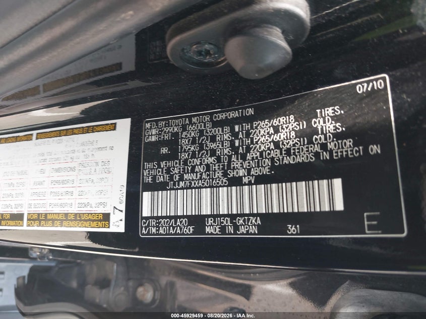LEXUS GX 460 2010 VIN JTJJM7FXXA5016505