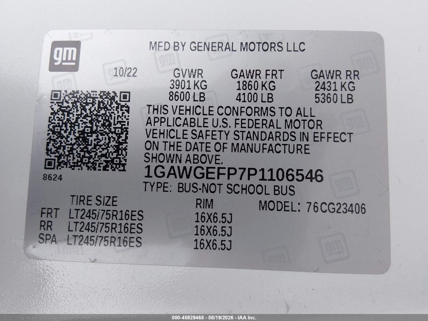 CHEVROLET EXPRESS PASSENGER 2023 VIN 1GAWGEFP7P1106546